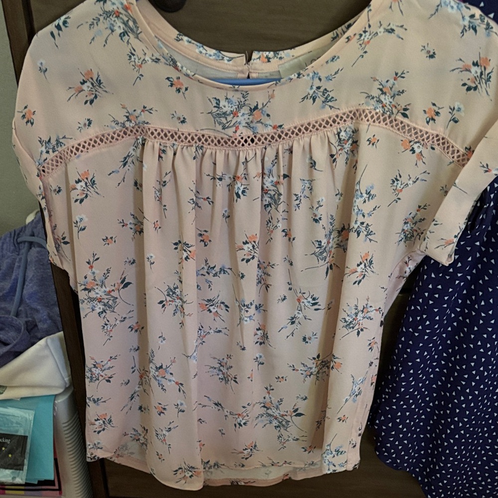 LOFT Cream Floral Blouse with Lace Detail